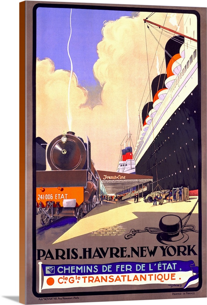 Steamship Travel Paris to New York Poster. As both the French Line and the French Railways are sponsors of this poster, we...