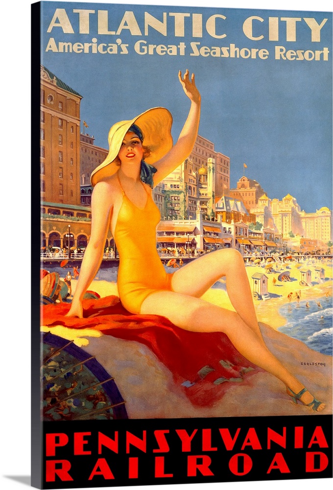 Antique poster advertising beach resort.  A woman in a swimsuit and hat sits on a rock waving with shoreline filled with b...