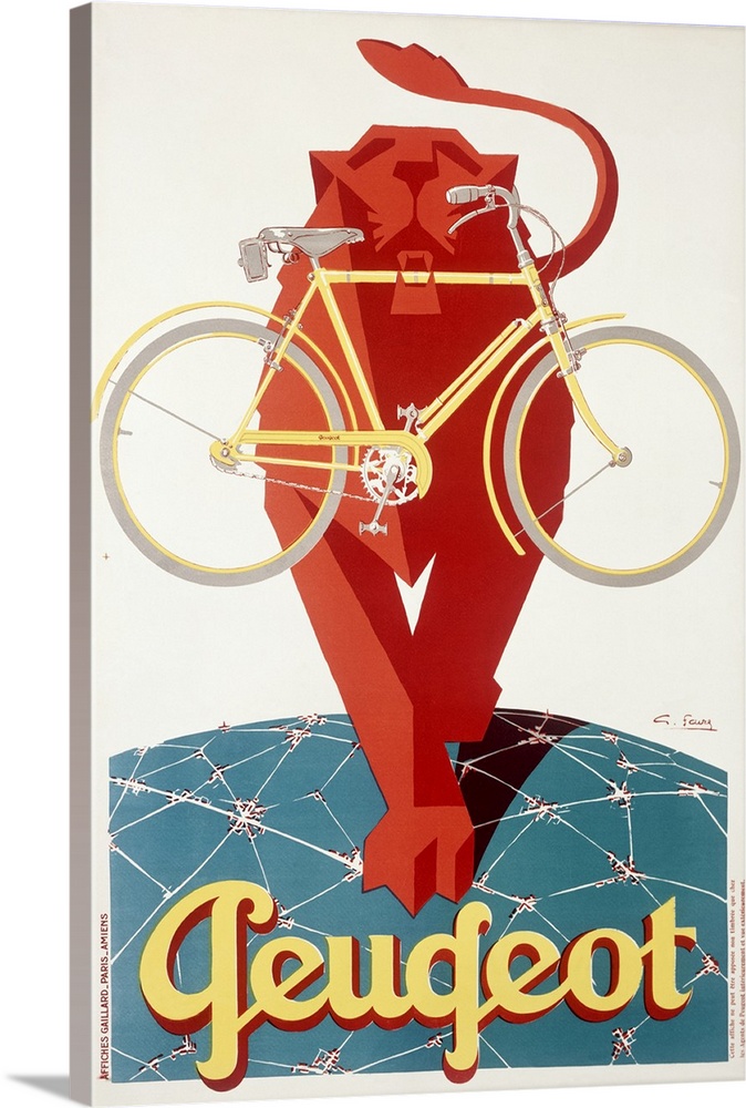 Classic advertisement for Peugot Bicycles featuring a lion walking over what appears to be the globe with a bicycle in its...