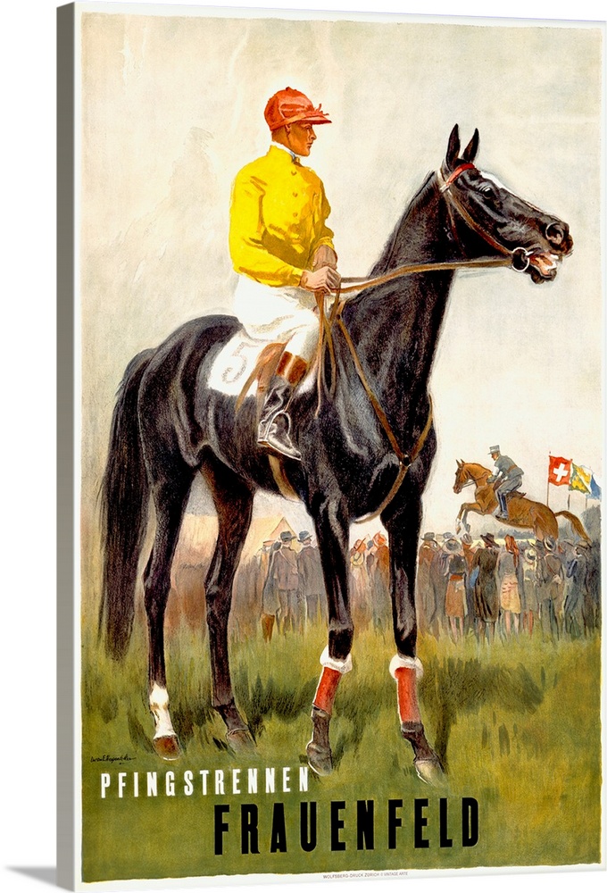 Vintage poster of a jockey sitting on its horse while another jockey is competing with his horse behind him in front of a ...