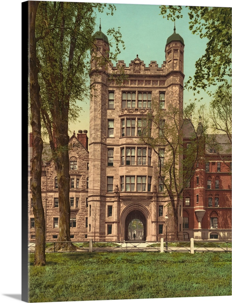 Hand colored photograph of Phelps Hall and gateway, Yale college.