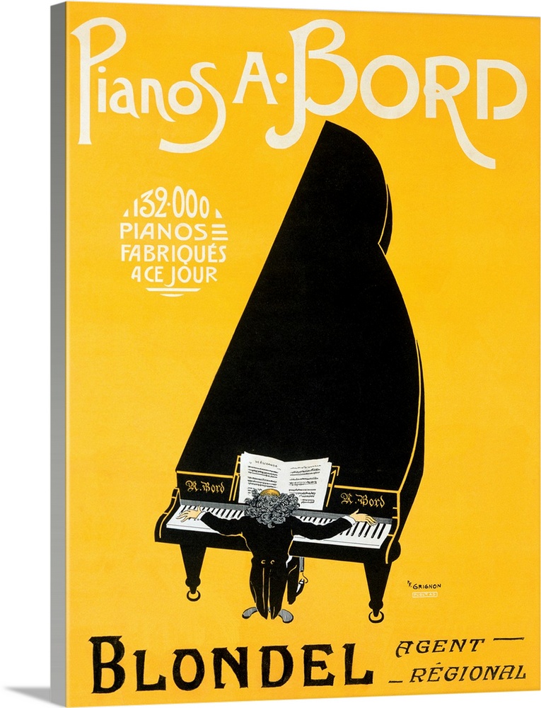 This vertical art work is an Art Nouveau poster advertising a piano player performing an enormous stylized grand piano.