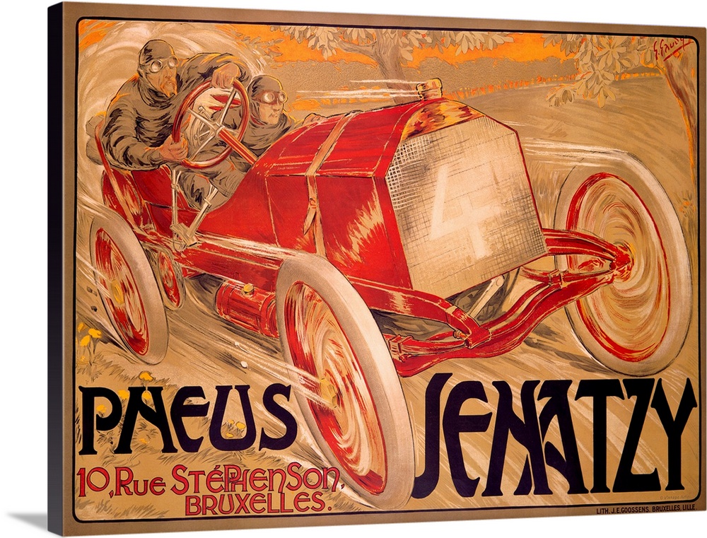 Old poster advertising face.  There is a vintage car with two races speeding down a trail with the text "10, Rue Stephenso...