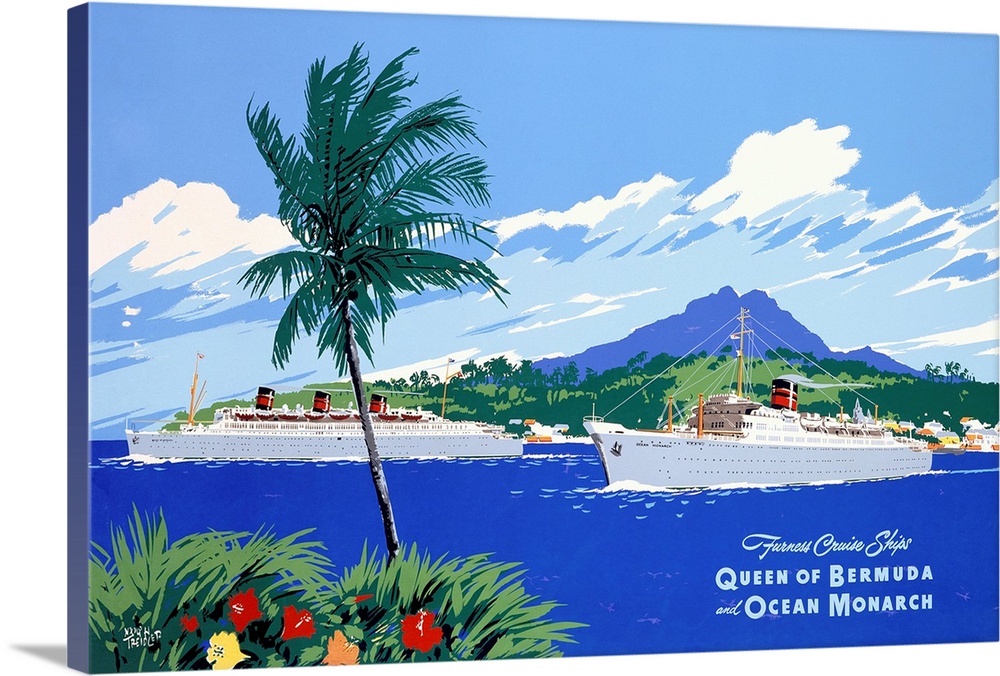 Vintage artwork of two large passenger ships setting out to sea with a mountain and foliage in the background and a single...