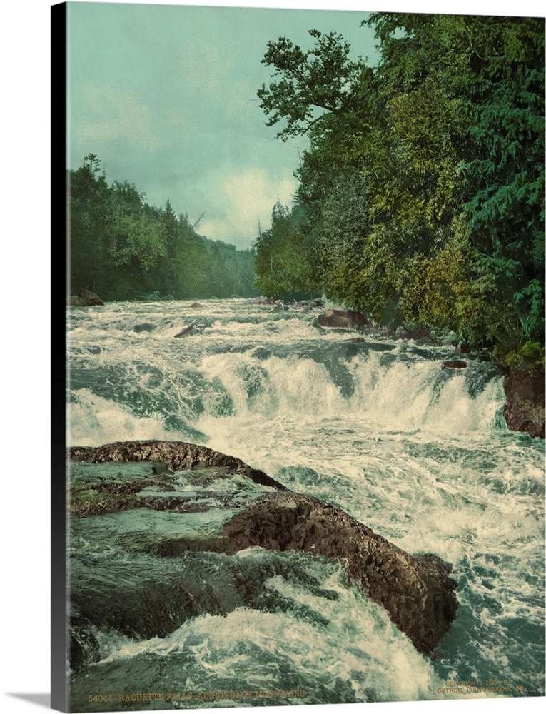 Hand colored photograph of Raquette falls, Adirondack mountains.