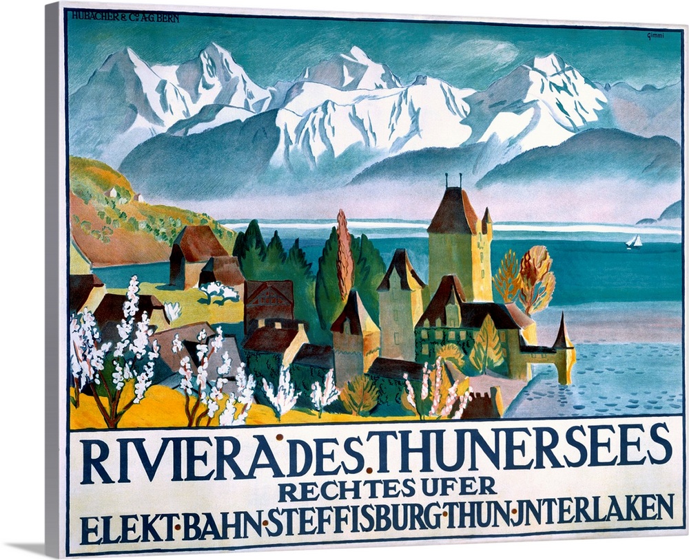Vintage poster of a small town that sits on the water. Snow topped mountains are drawn in the background.