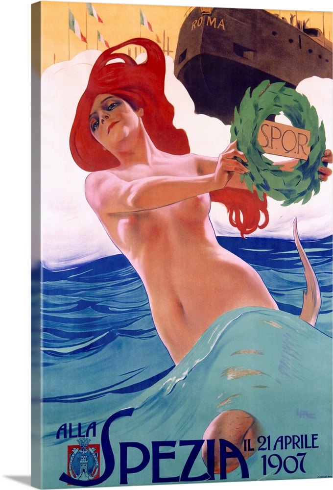 Vintage poster of a partially nude woman standing in water with a ship just behind her and the word Roma on the front.
