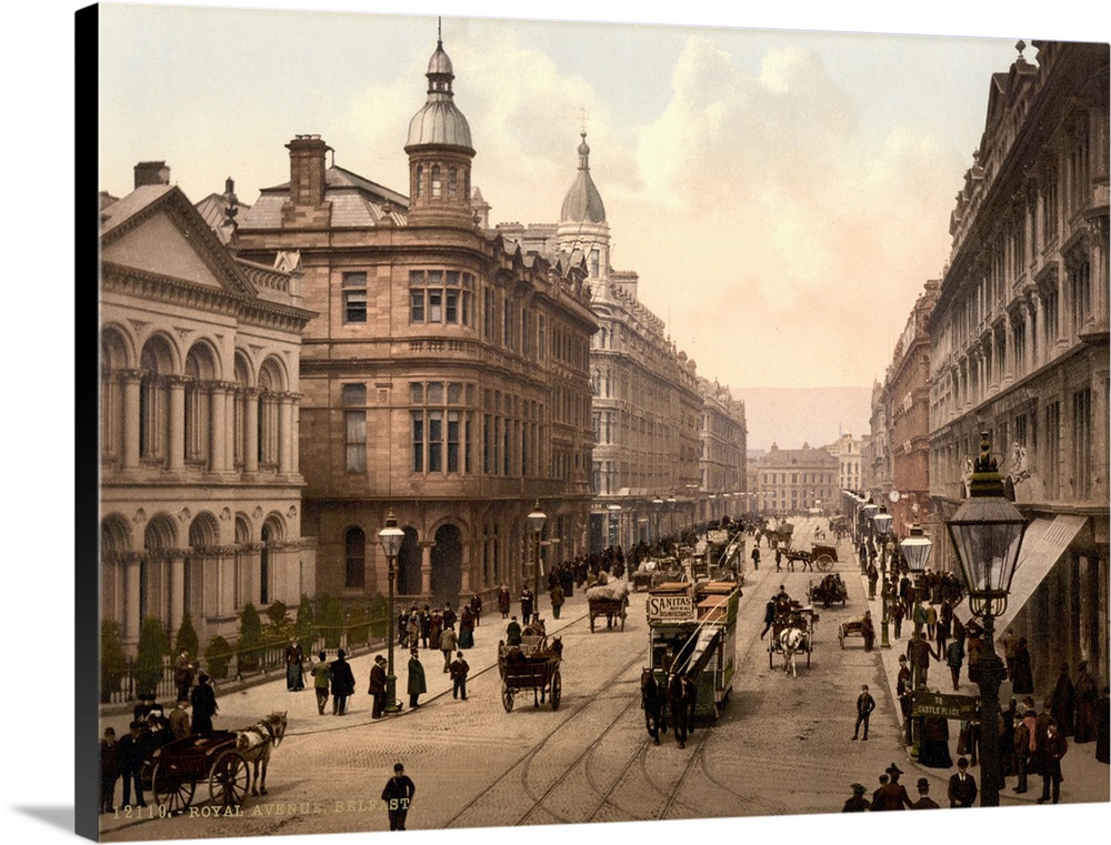 Hand colored photograph of royal avenue, Belfast, country Antrim, Ireland.