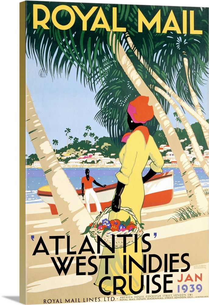 Large, vertical vintage advertisement for Royal Mail, on the West Indies Cruise, Atlantis.  A woman carries a basket of fl...