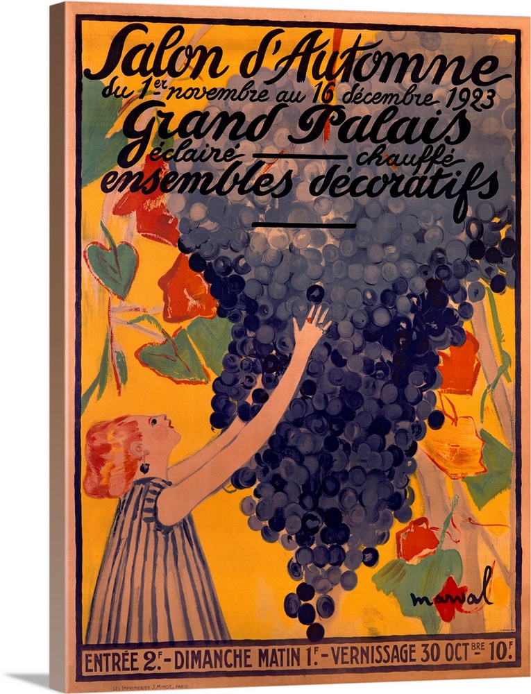 Antiqued poster painting of a girl reaching out and grabbing an oversized bunch of grapes.