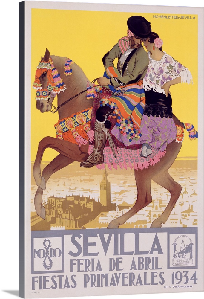 Classic 1930's poster of a man and woman riding on a decorated horse with a city in the background.