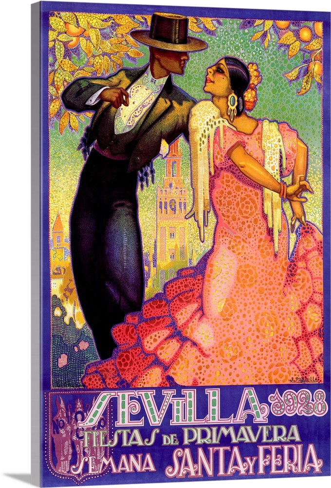 A vintage vertical print of a man and woman dancing with orange trees hanging over them.