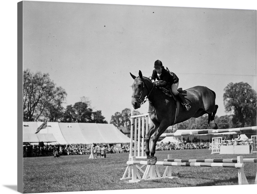 11th May 1950:  A Competitor on 'Penny Plain' jumping a fence in the Ladies open finals at the Royal Windsor Horse Show, W...