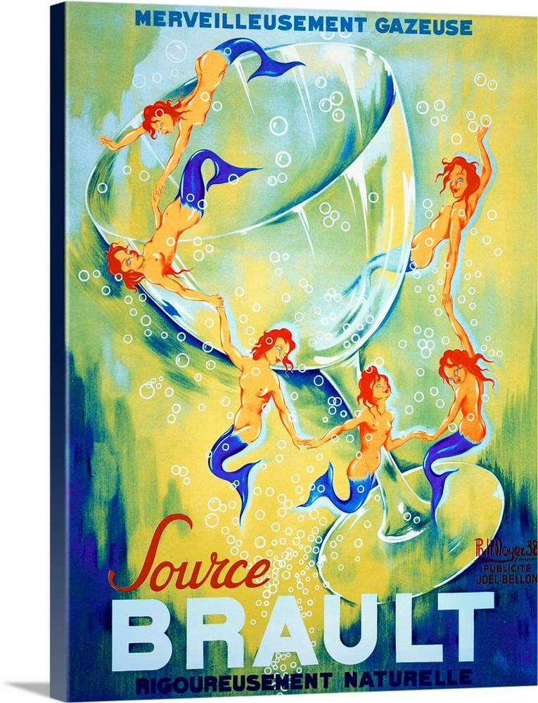 Large advertising art shows six mermaids swimming around a large drinking glass with bubbles surrounding them.  At the top...