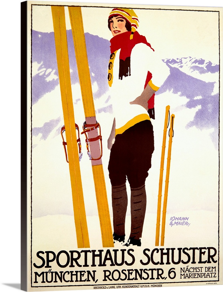 Vintage artwork of a female skier standing in front of a mountain view with her skis and poles planted in the ground.