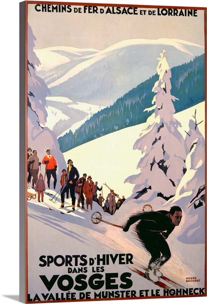 Large antiqued poster of a man skiing down a hill with spectators and rolling hills in the background.