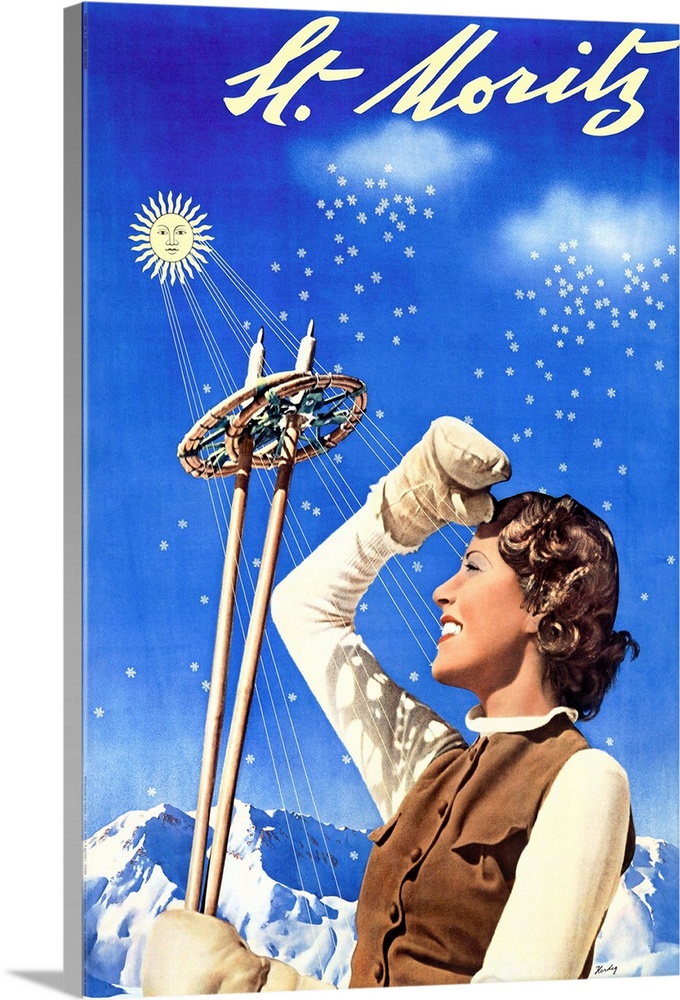 St. Moritz, Ski Woman, Vintage Poster
