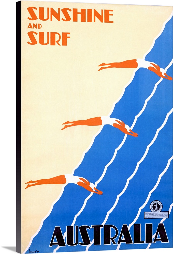 This vintage poster has three swimmers diving into the water in unison with the text "Sunshine and Surf" in the top left c...