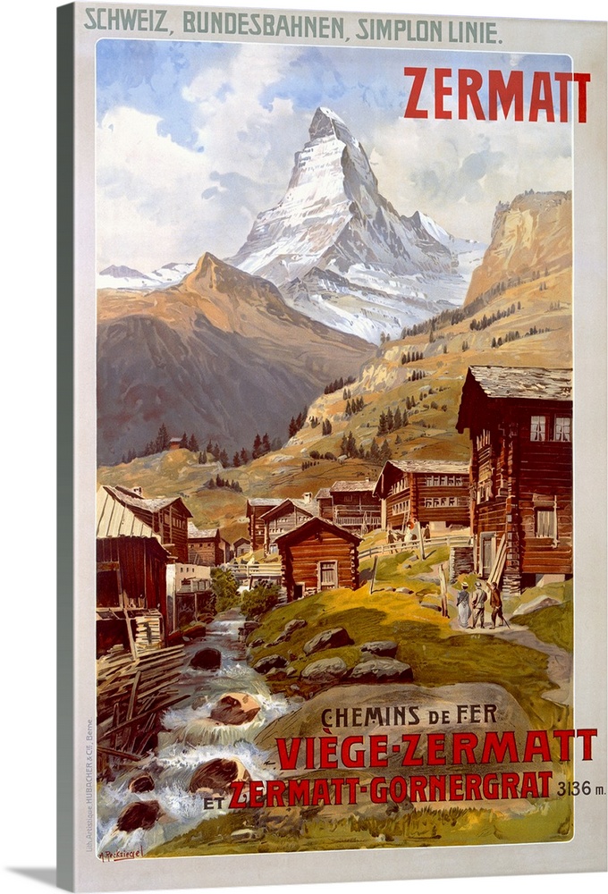 Vertical vintage poster, advertising the Swiss Alps in Zermatt.  Mountains behind a small village in the foreground with a...