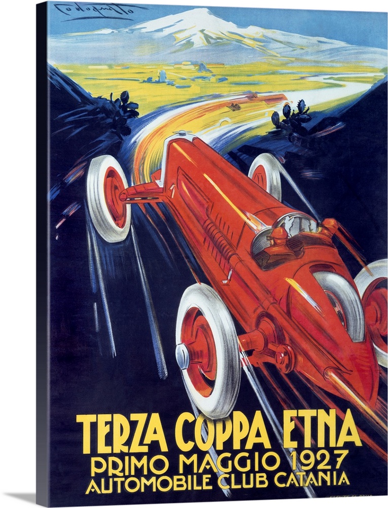 Antique poster advertising a car club.  There is  a classic car racing through mountain roads on the poster with a snow ca...