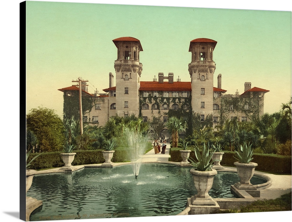 Hand colored photograph of the alcazar, St. Augustine, Florida.