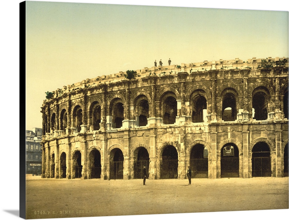 Hand colored photograph of the arena, Nimes, France.