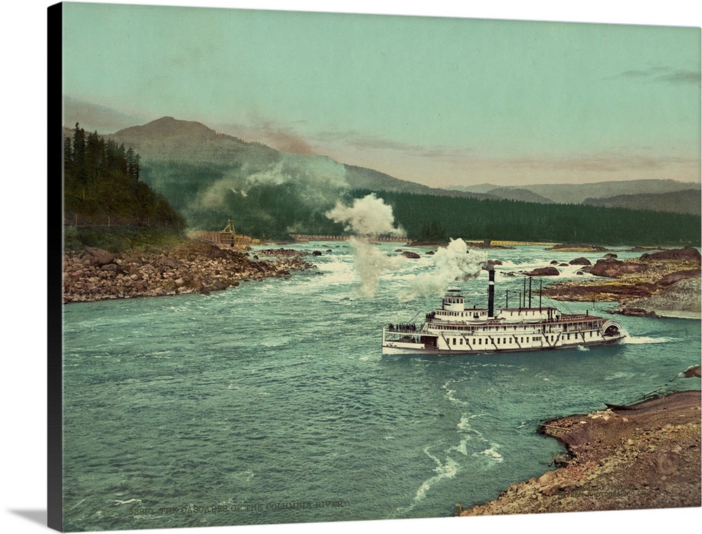 Hand colored photograph of the cascades of the Columbia River.