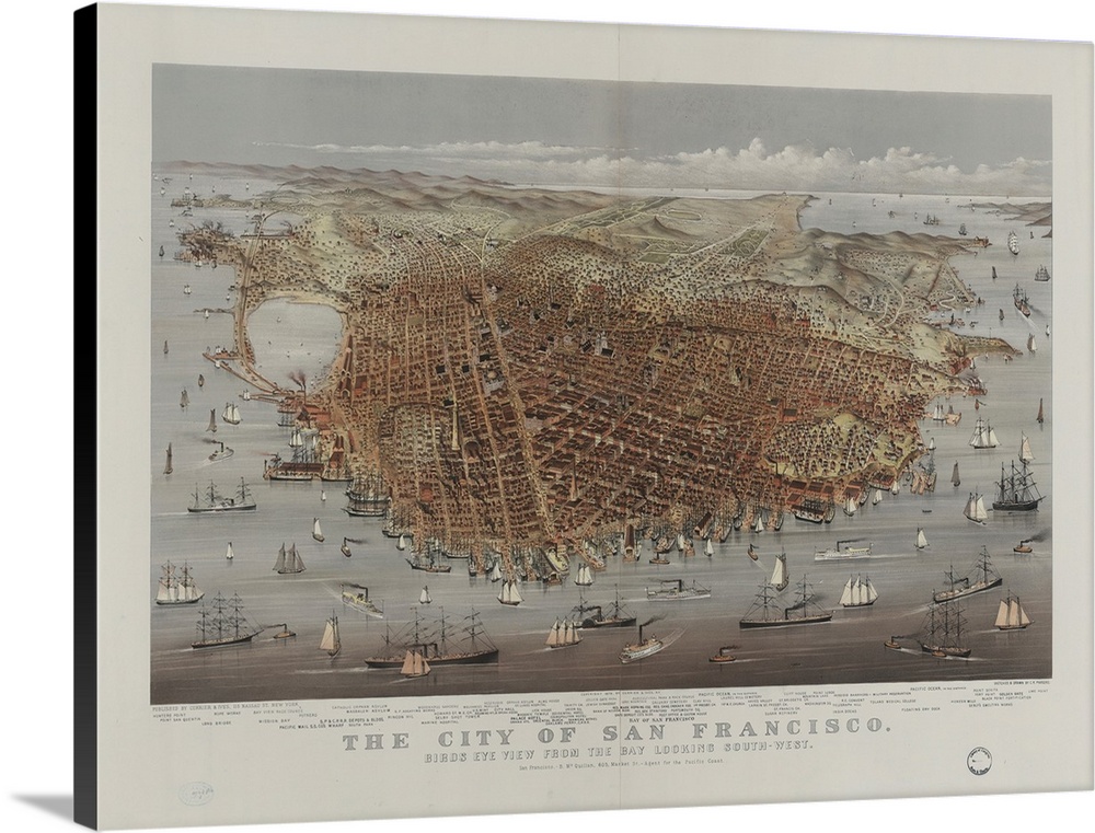 Hand colored photograph of the city of San Francisco. Birds eye view from the bay looking south-west.