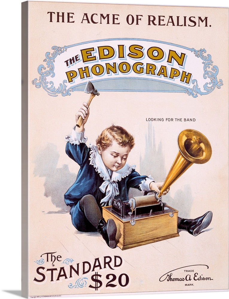 Vintage poster showing a small boy playing with the Edison phonograph.