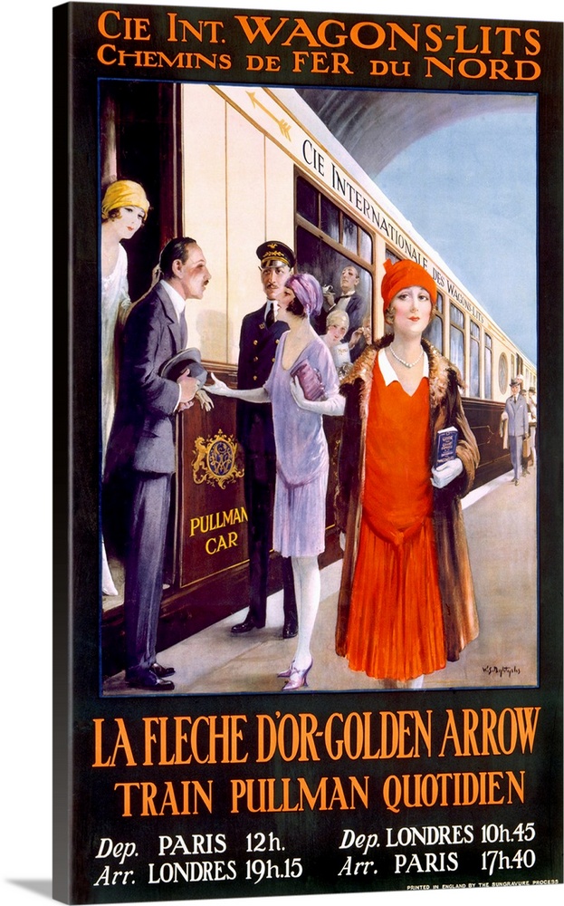 Vintage poster of elegantly dressed people boarding and coming off of a passenger train.