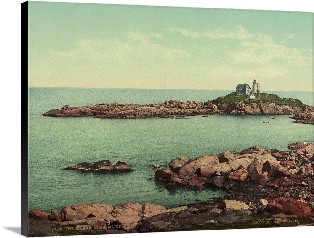 Hand colored photograph of the nubble, York, Maine.