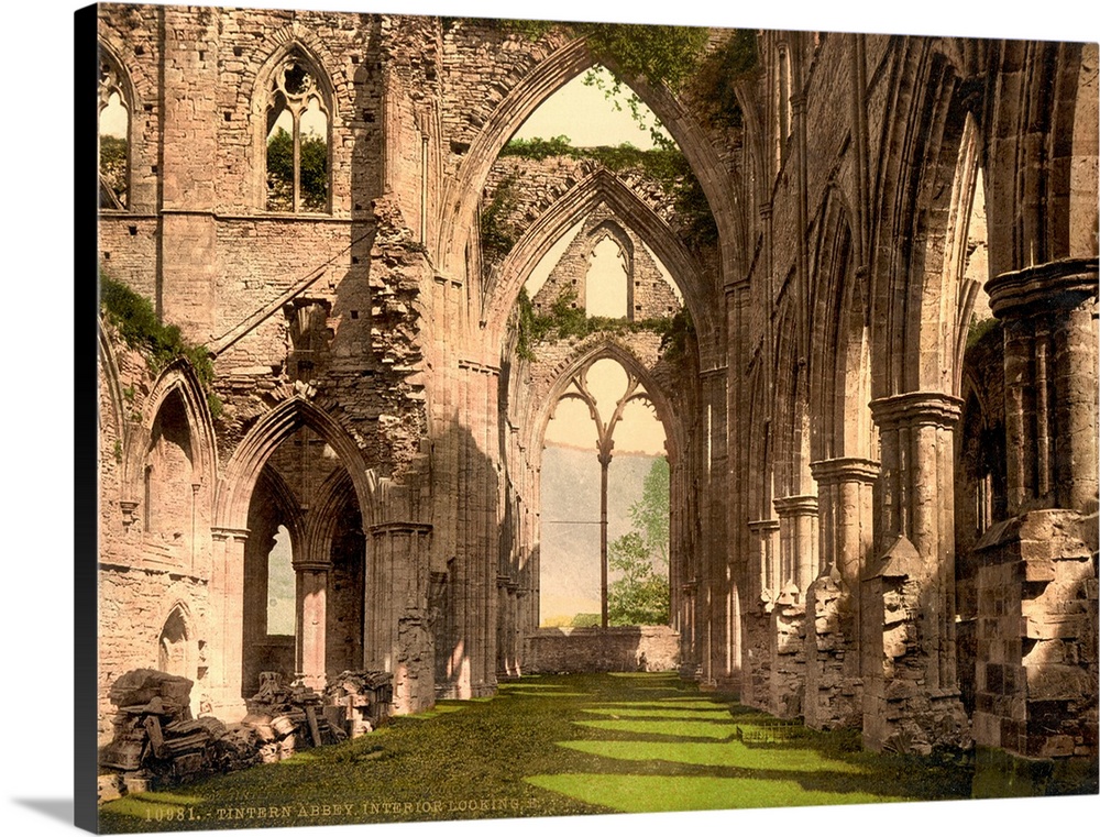 Hand colored photograph of Tintern abbey, England.