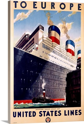 To Europe, United States Lines, Liveiathan, Vintage Poster