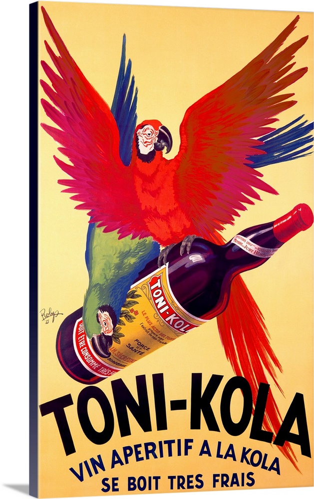 Big advertising art shows a couple parrots holding on to the bottle of a beverage against an empty background.  Text for t...
