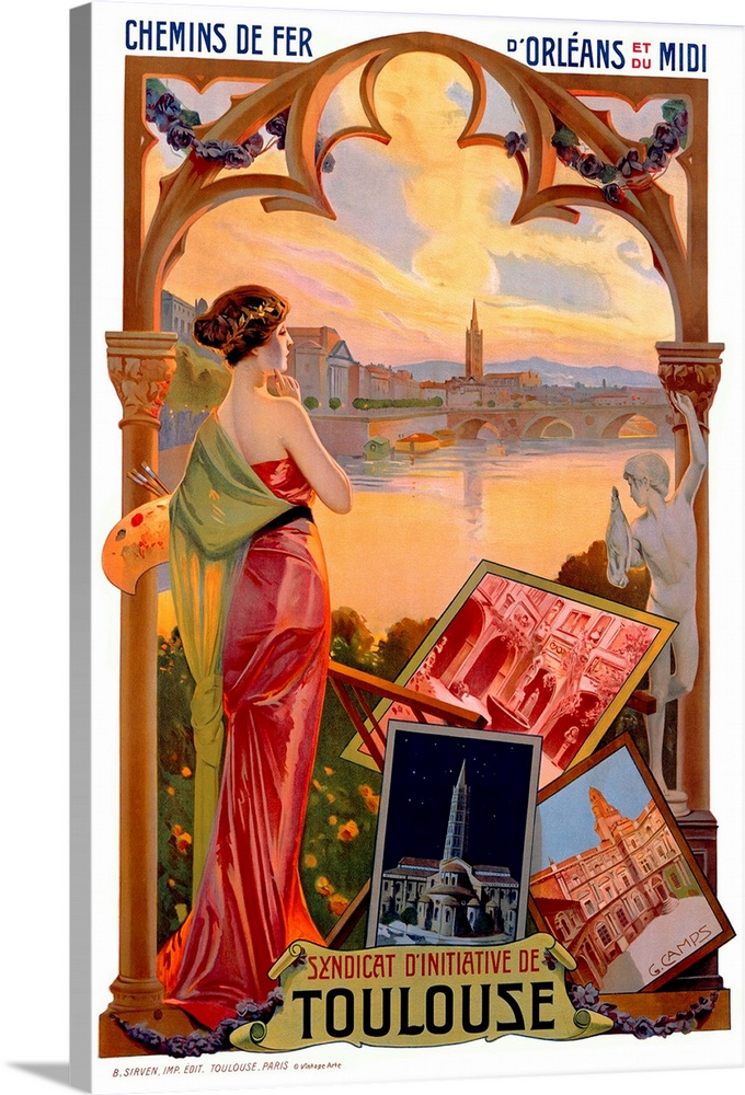 Vintage artwork that shows a woman painting works of art with a view of a city on the water shown in the background.