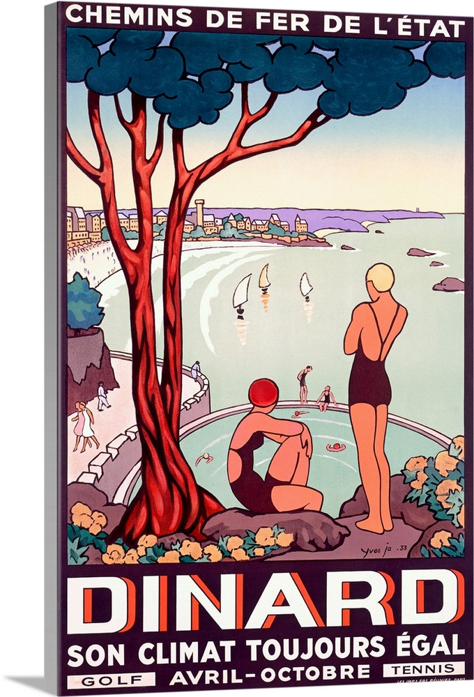 Portrait vintage advertisement for the French State Railway, destination is Dinard.  Two people in bathing suits rest bene...