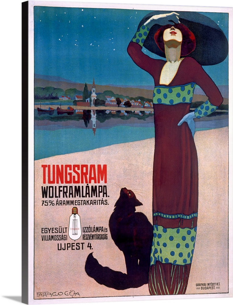 Vertical, large vintage advertisement for the Tungsram Light Bulb, a woman in a dress and hat and the cat that sits next t...