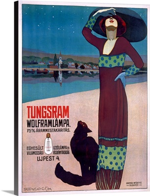 Tungsram Light Bulb, Woman and Cat, Vintage Poster, Vintage Poster, by Geza Farago