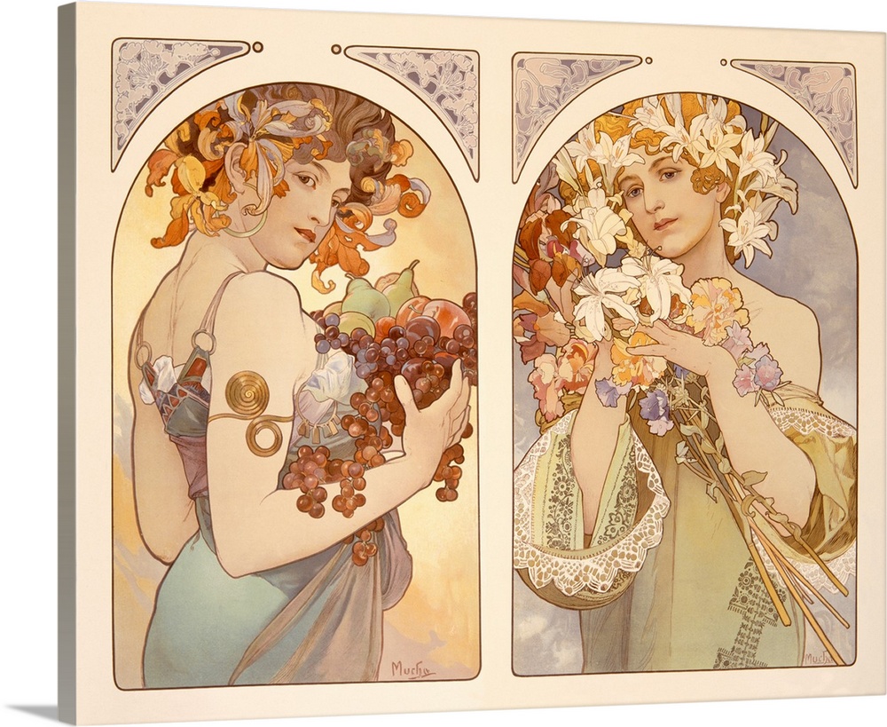 This exquisite Art Nouveau illustration is by Alphonse Mucha, master of decorative poster design. It depicts two allegoric...