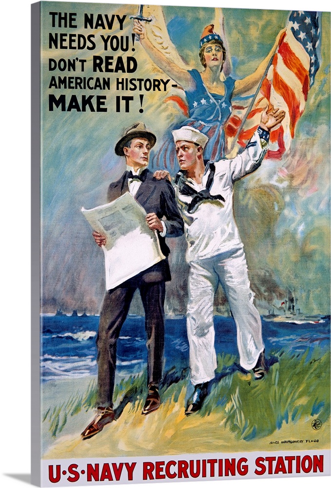 U.S. Navy Recruiting Station, Vintage Poster, by James Montgomery Flagg  Solid-Faced Canvas Print