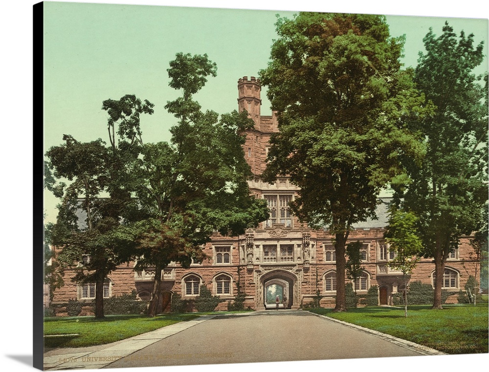Hand colored photograph of university library, Princeton university.