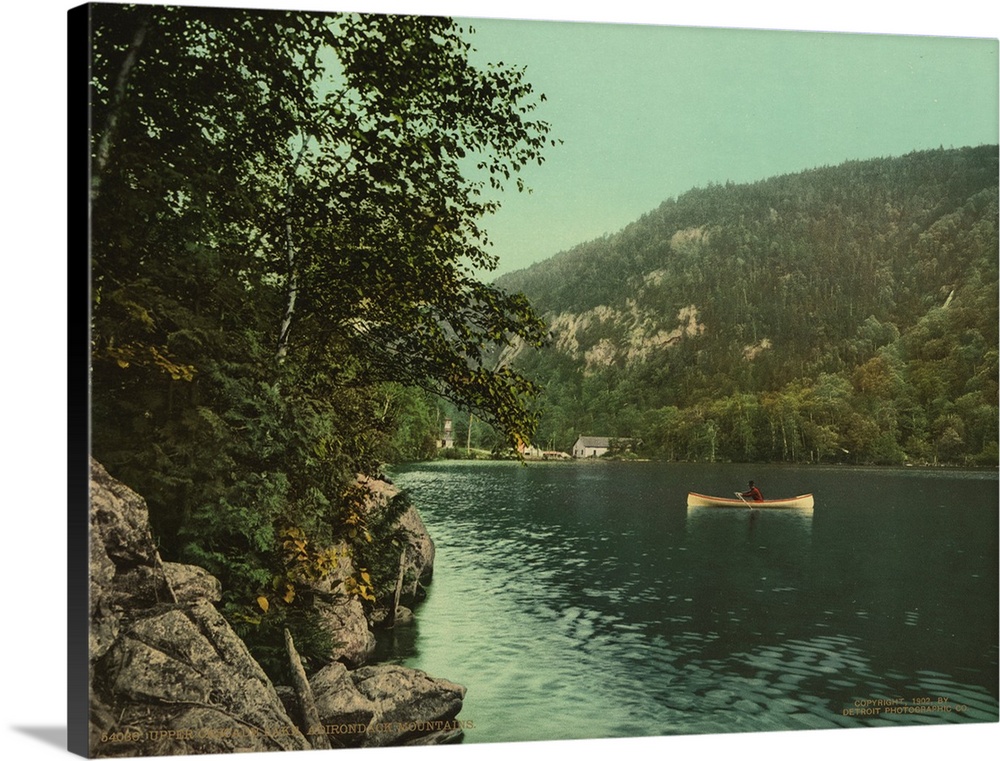 Hand colored photograph of upper cascade lake, Adirondack mountains.