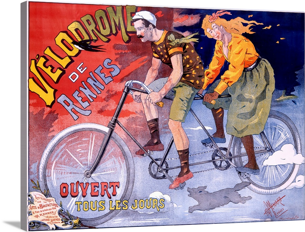 Old poster print of couple riding on tandem bike down dark street at night.