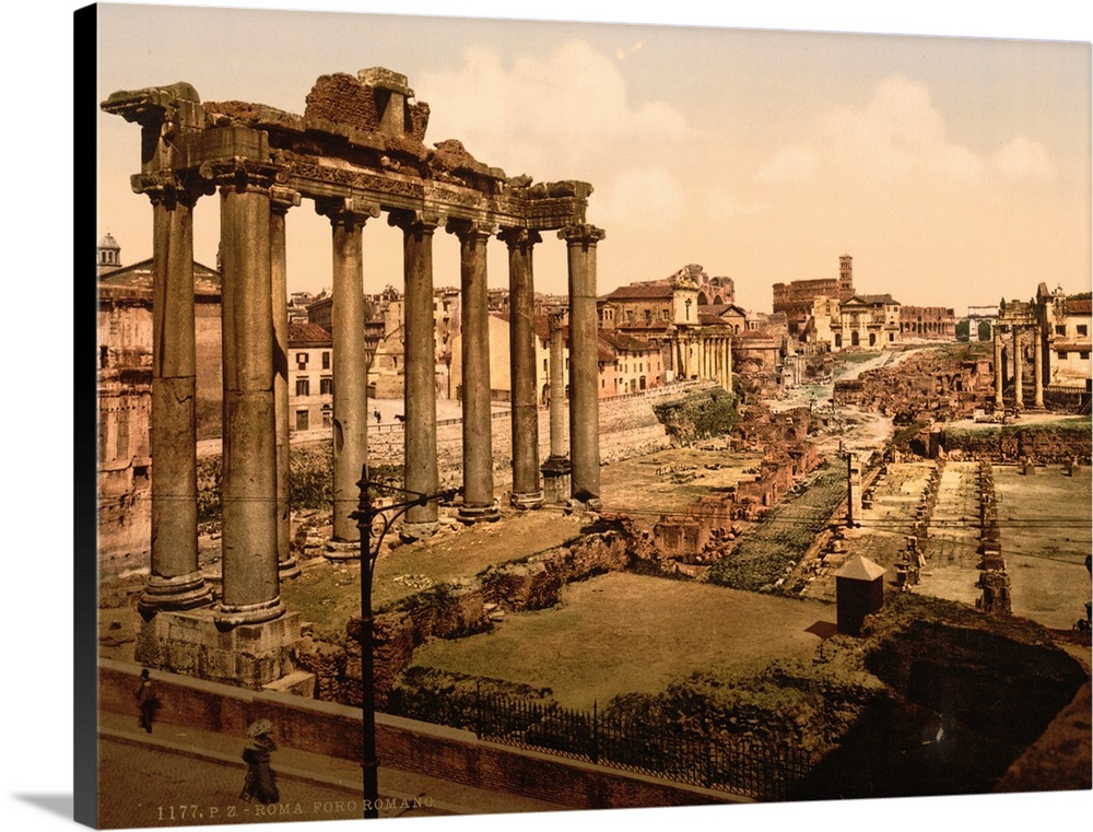 Hand colored photograph of view of the forum, Rome, Italy.