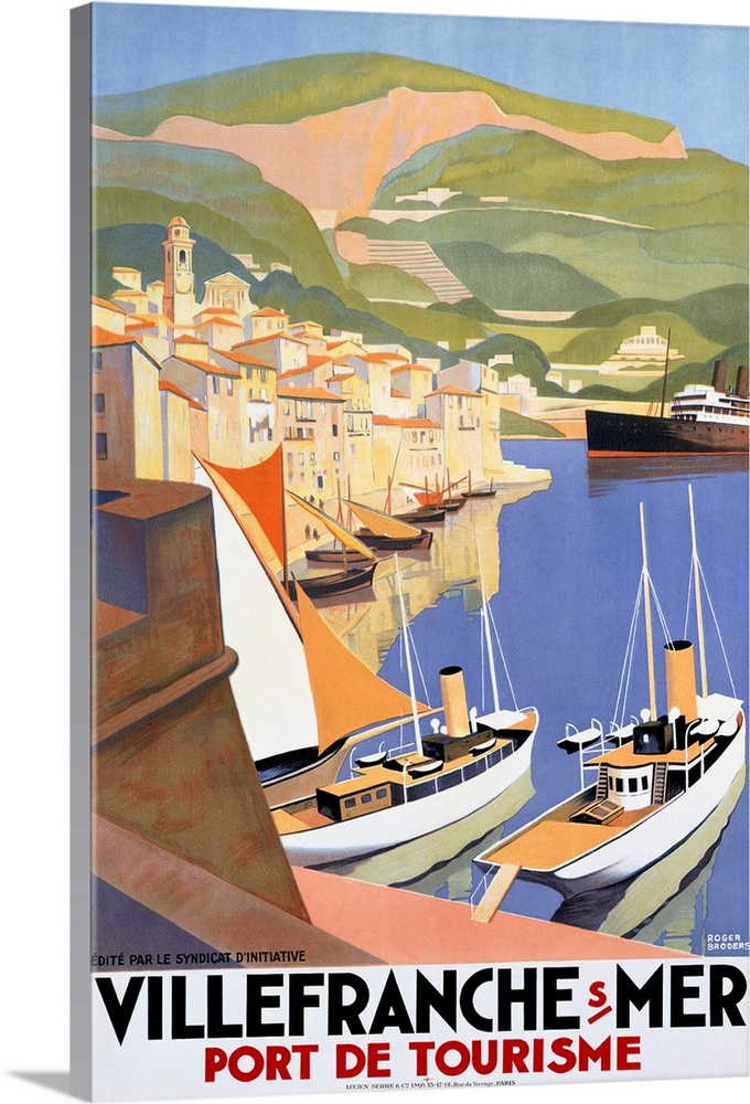 Large vertical vintage poster showing ships in the water at a port city and large green hills in the background.