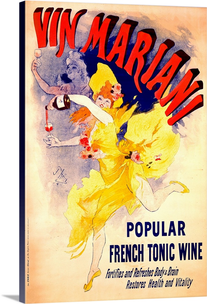 Large, vertical vintage art advertisement for Vin Mariani, a "Popular France Tonic Wine".  A woman in a flowing dress danc...