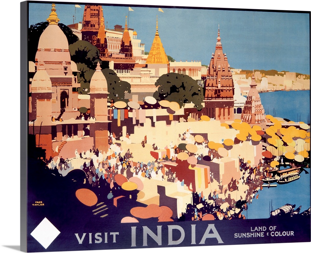 Travel advertisement for India, the Land of Sunshine and Color, featuring the city of Varanasi.