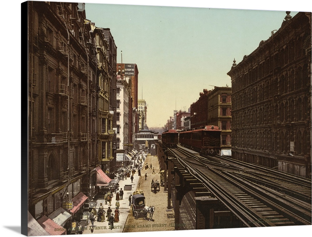 Hand colored photograph of Wabash Avenue north from Adams Street, Chicago.