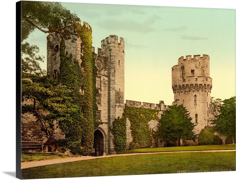 Hand colored photograph of Warwick castle, England.