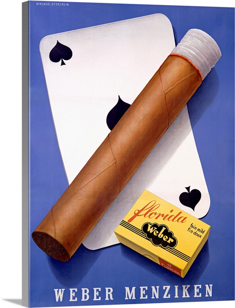 Vintage poster of a lit cigar and match box placed over a card of spades.